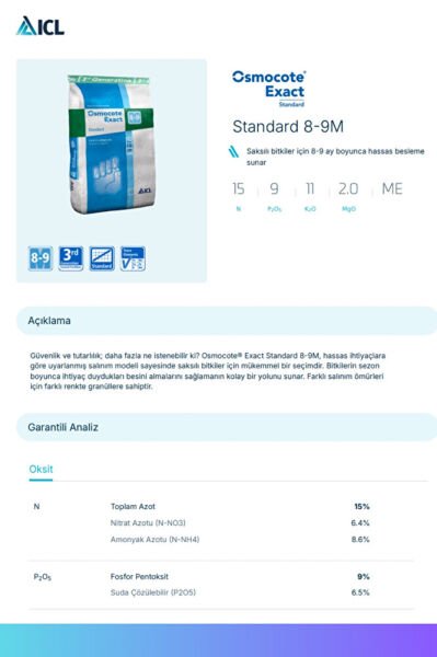 Osmocote® Exact Standard 15-9-11 + 2MgO + TE | 8-9 Ay Kontrollü Salınımlı Gübre (50 gram)